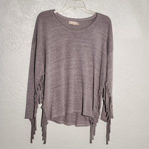 NATION LTD SMALL GREY FRINGE LONG SLEEVE TOP